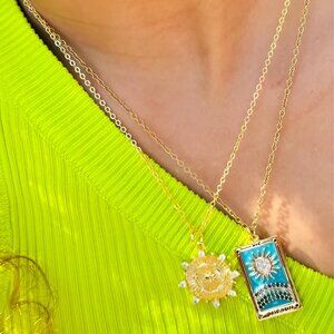 The Sun Tarot Card Pendant - Aqua Blue Enamel Necklace with Gold Chain 16-19"